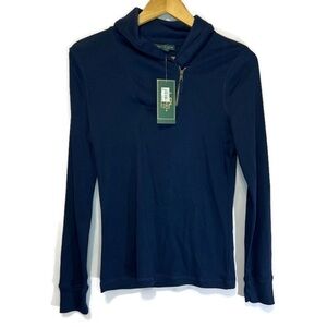 NWT Lauren Ralph Lauren Cotton Zipper Neck Shawl Collar Long Sleeve Navy Top S